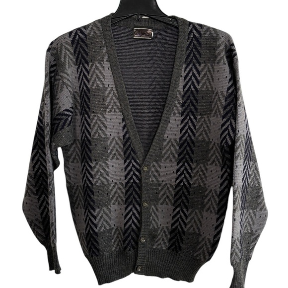 VTG Mens Cardigan Sweater Geometric Grandpa Medium Pure Wool Kurt Cobain 80s 90s - Picture 1 of 13